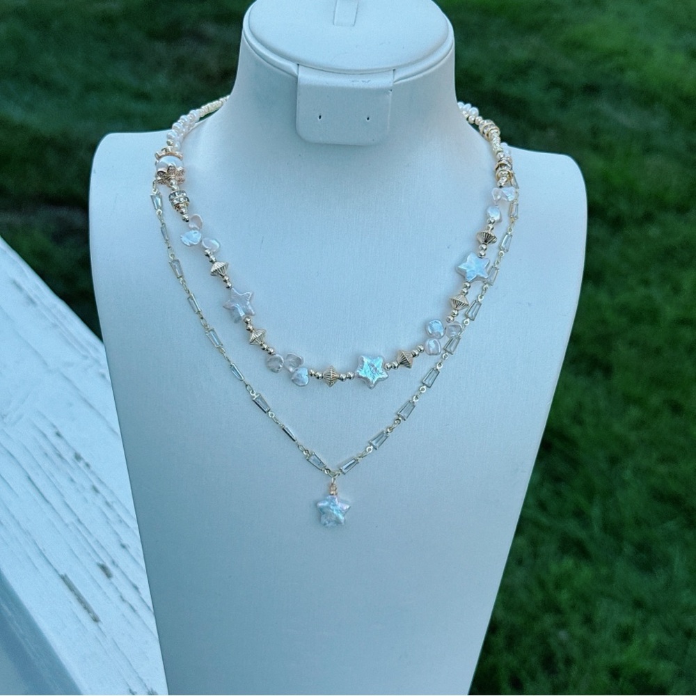 X628 Handmade Freshwater Baroque Star Pearl Dainty Double Layer Necklace - Picture 5 of 9